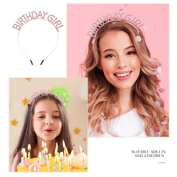 PQRUU Glitter Birthday Sash, Tiara and Rhinestone Headband Set - Pink Birthday Accessories for Her Pink Glitter