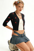 Belle Poque Women's 3/4 Sleeve V-Neck Button Down Cherries Embroidery Cropped Cardigan Sweater Coat Black X-Large