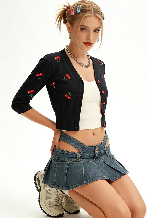 Belle Poque Women's 3/4 Sleeve V-Neck Button Down Cherries Embroidery Cropped Cardigan Sweater Coat Black X-Large