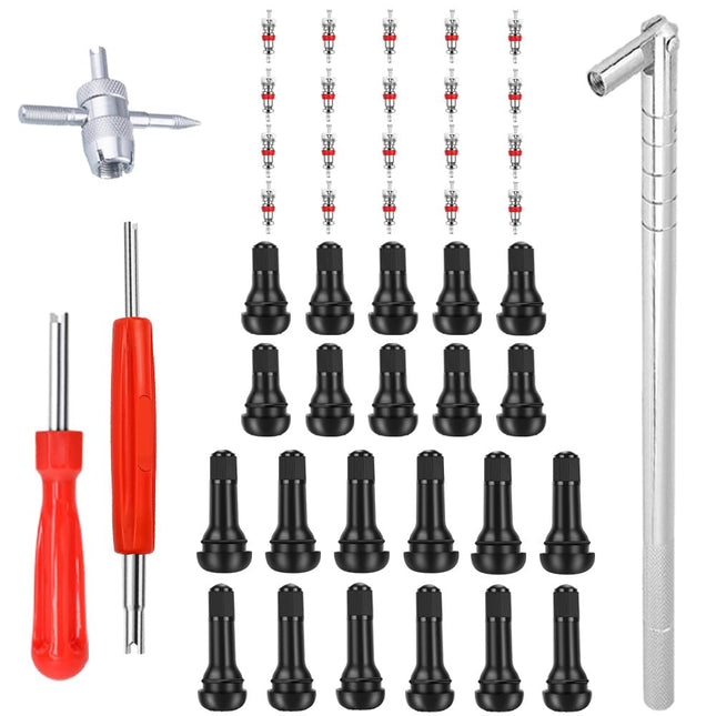 Riseuvo Stem Puller and Installer - 10Pcs TR412, 6Pcs TR413, 6Pcs TR414 Short Rubber Tire Valve Stems, 4 Way and Single 