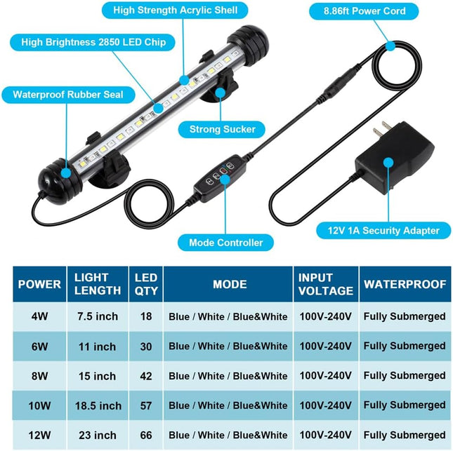 4W 7.5Inch Submersible Aquarium Light Underwater Fish Tank Light LED Aquarium Light Bar with Timer Auto On/Off and Dimme