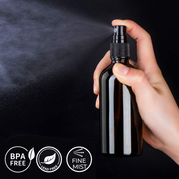 Hydior Amber Glass Spray Bottles for Essential Oils, 4oz Empty Small Fine Mist Spray Bottle 2 Pack Black Amber