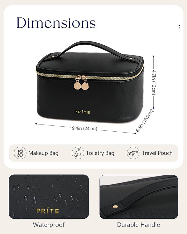 Prite Makeup Bag, Large Capacity Portable Travel Cosmetic Bag, Waterproof Makeup Organizer for Women with Handle and Divider(Black)