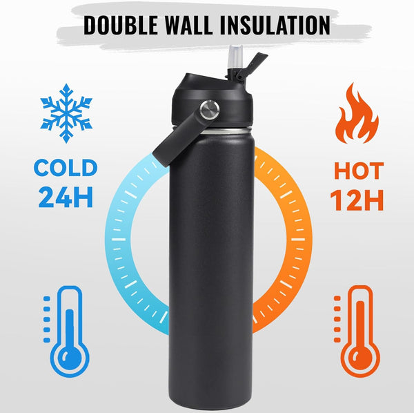 24Oz Insulated Stainless Steel Water Bottle, Wide Mouth Double Wall Vacuum, Silicone Straw, Sweat & Leak Proof, BPA Free Insulated Water Flask for
