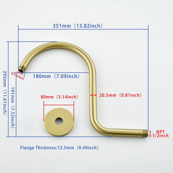 13 Inch High Rise S Shape Shower Extension Arm with Flange,Brushed Gold Shower Head Extender Arm Wall Mounted,Standard 1/2" Connection-Bathroom