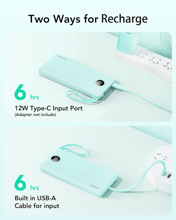 VRURC Portable Charger, Slim Power Bank Built-in 4 Cables, Travel Essential Green
