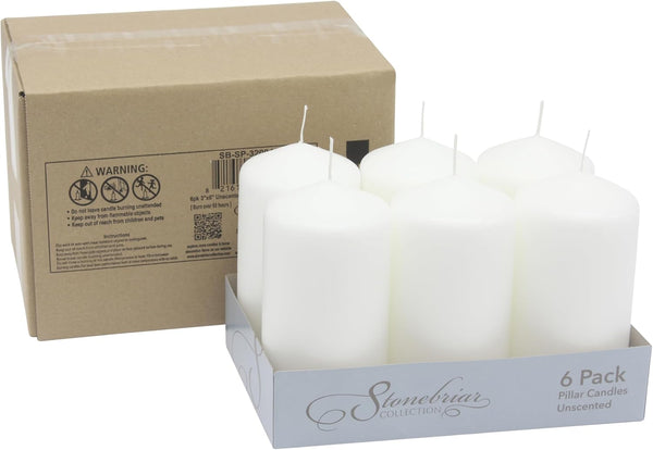 Stonebriar Unscented White Tall Pillar Candles, 65 Hour Burning Candle Pillars, Perfect for Decor, Weddings, Emergencies 3" X 6", 6 count Pack of