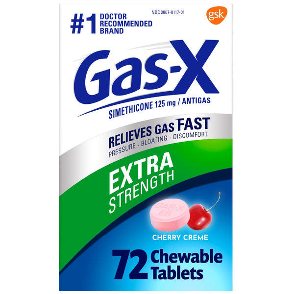 Gas-X Extra Strength Chewable Gas Relief Tablets with Simethicone 125 mg for Bloating Relief, Cherry - 72 Count 72 Count (Pack of 1)