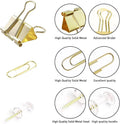 Gold Paper Clips and Binder Clips Set, Metal Assorted Sized Binders with Push Pins, Cute Gold Office Supplies for Desk, Desk Accessories