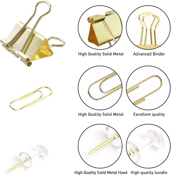 Gold Paper Clips and Binder Clips Set, Metal Assorted Sized Binders with Push Pins, Cute Gold Office Supplies for Desk, Desk Accessories