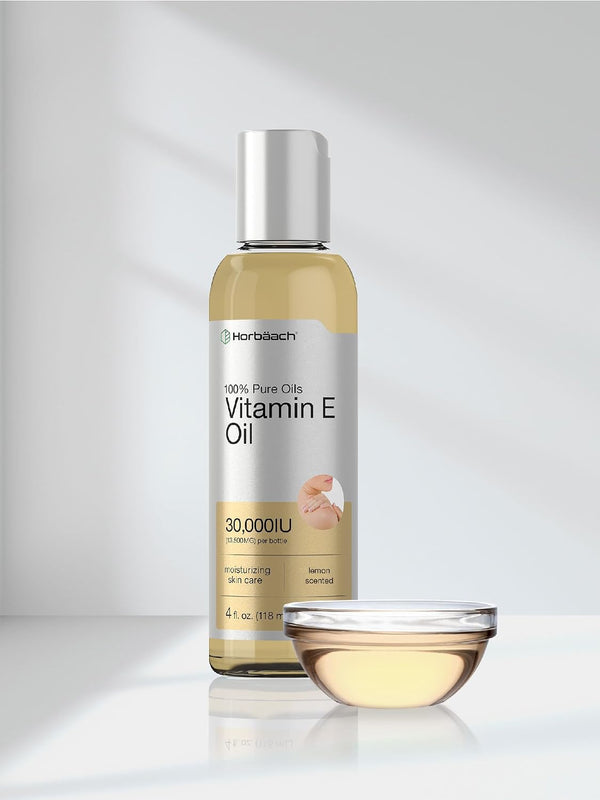 Horbäach Vitamin E Oil For Skin and Face | 4 fl oz | 100% Pure Oils | Moisturizing Skin Care | Non-GMO, Vegetarian | Lemon Scented