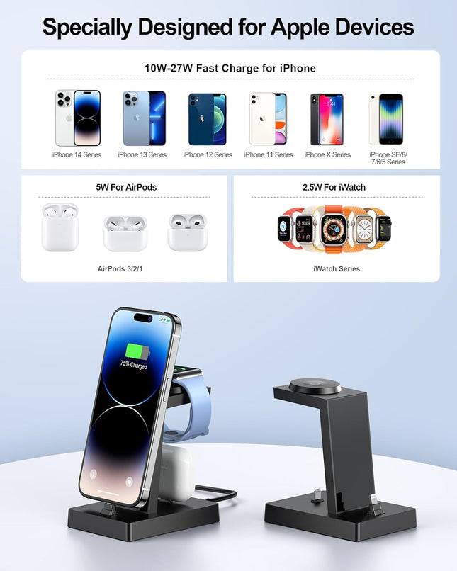 Charging Station for Multiple Devices - ADADPU 3 in 1 Charger Stand for Apple Watch Series 8/7/6/5/4/3/2/SE Phone Chargi