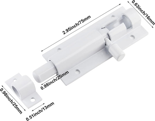 2 PCS Barrel Bolt Latch, 3 Inch, White, Aluminum Alloy | Heavy Duty Slide Lock, For Security Gate Slide Bolt, Garage Door Latches, Warehouse Shed