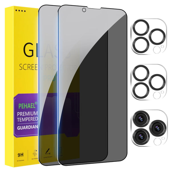 Pehael [2+2 Pack Iphone 13 Pro Max Privacy Screen Protector with Camera Lens Protector Full Coverage Anti-Spy Tempered Glass Film 9H Hardness