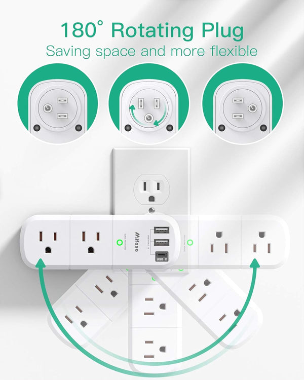 USB Outlet Extender Surge Protector - Mifaso Rotating Plug, 6 AC Multi Plug and 3 USB Ports (1 C), 1800 Joules, 3-Sided Swivel Power Strip Spaced