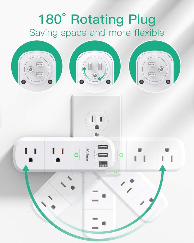 USB Outlet Extender Surge Protector - Mifaso Rotating Plug, 6 AC Multi Plug and 