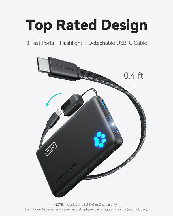 INIU 45W Fast Charging Portable Charger, 40% Smaller 10000mAh with Detachable Cable, Flight-Safe Travel Power Bank, USB C External Phone Battery