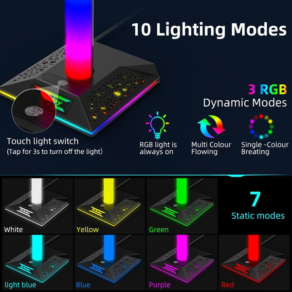 Gaming Headphone Stand PC Accessories - RGB Headset Stand with 2 USB and 1 Type-C Ports, LED Headphone Stand Gift for Boys Men, Computer Game