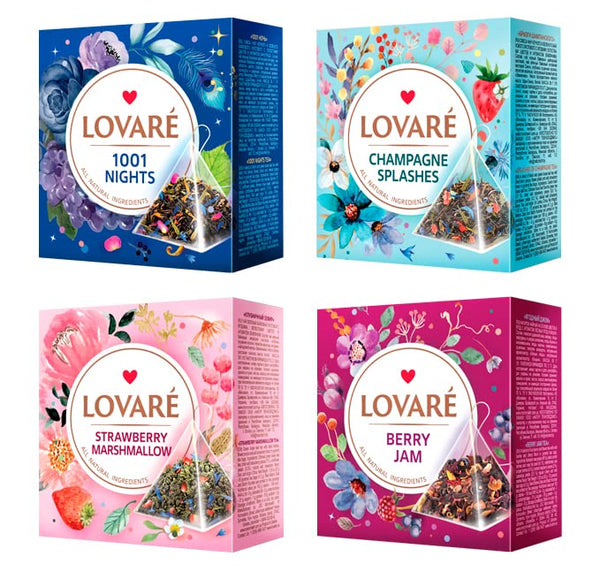 LOVARE Assorted Tea Variety Pack of 60 Pyramids - Made in Ukraine - Set of 4 Pyramid Tea Bags Boxes â 1001 Nights, Strawberry Marshmallow,