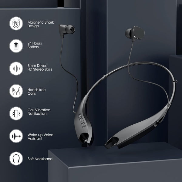 Neckband Bluetooth Headphones, around the Neck Headphones 24H+ Playtime, Bluetooth Headsets with Call Vibration, Shark Jaw Design Wireless
