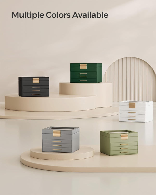SONGMICS GISELLA Collection - Jewelry Box Organizer with Glass Lid, 4-Layer Jewelry Storage, with 3 Drawers, Modern Style, 8 x 9.1 x 6.5 Inches,