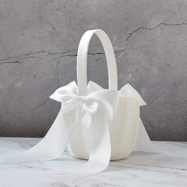 ATAILOVE 2 PCS Flower Girl Baskets Set- Cute Cherish Wedding Flower Baskets (Ivory) | Simple Bow Series,Flower Basket for Wedding Ceremony 2 Baskets