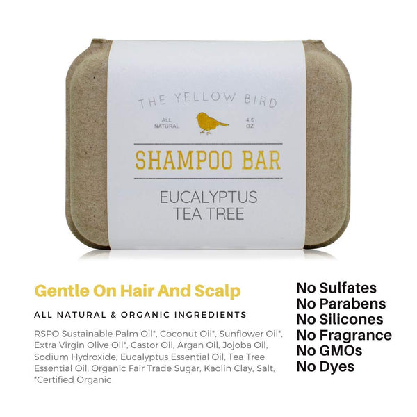The Yellow Bird Eucalyptus Tea Tree Shampoo Bar. All Natural & Organic Ingredients. Sulfate Free, Detergent Free, Color Safe, and Silicone Free.