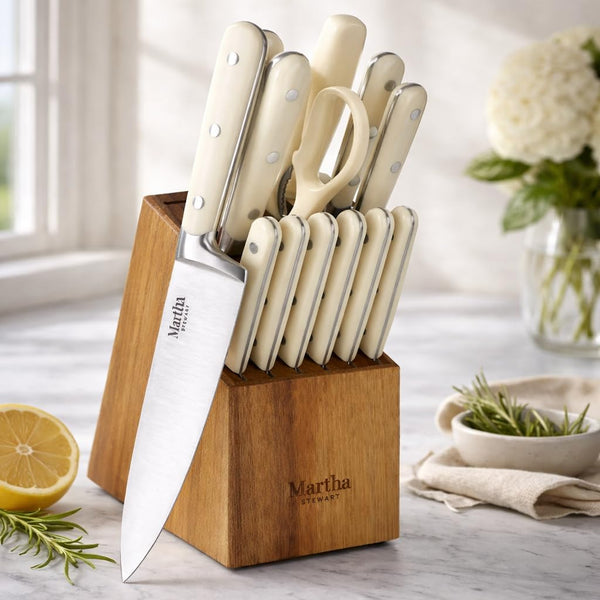 MARTHA STEWART Eastwalk 14 Piece High Carbon Stainless Steel Cutlery Kitchen Knife Block Set w/ABS Triple Riveted Forged Handle Acacia Wood Block