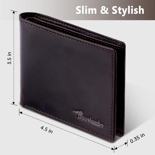 Travelambo Leather Wallet for Men, Slim Minimalist RFID Credit Card Holder Crazy Horse Coffee