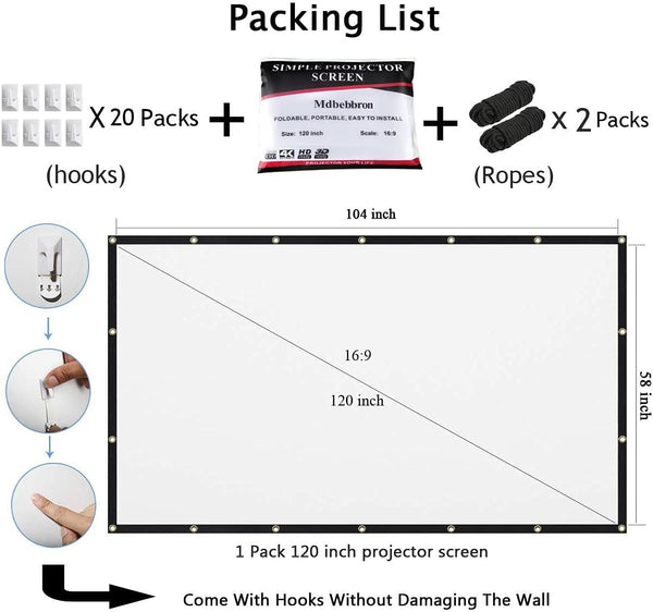 Mdbebbron 120 inch Projector Screen 16:9 Foldable Anti-Crease Portable Projector Movies Screens for Home Theater Outdoor Indoor Support Double
