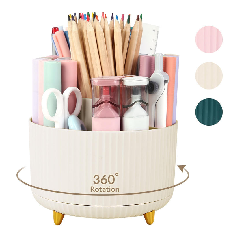 SKYDUE 360 Rotating Plastic Desk Pen Organizer with 5 Slots, Dual-Purpose Art Supply Pencil Cup for Office, School, Home Beige_1Pack