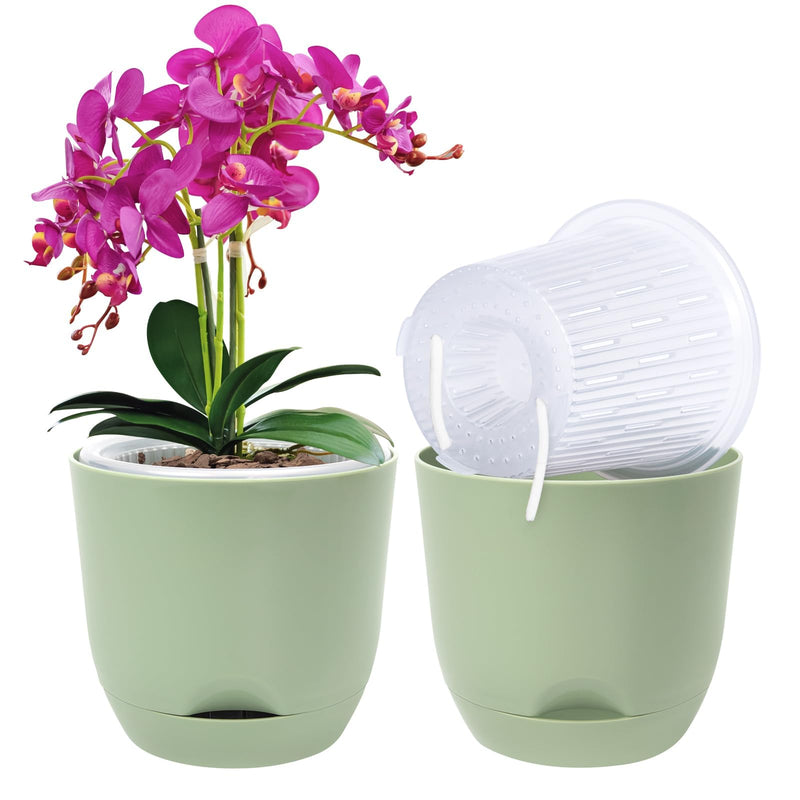 QCQHDU 2 Pack 5.7 Inch Orchid Pots with Holes for Repotting, Double-Layer and Self Watering Orchid Pot with Good Air Circulation Green 2packs 5.7IN