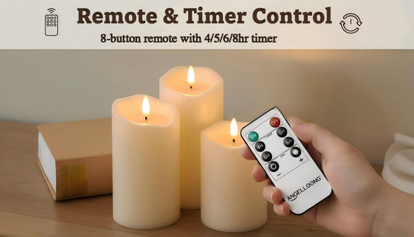 ANGELLOONG Battery Operated Candles with Remote, Real Wax Flickering Flameless Candles with Timer, Set of 3 Electric LED Candles for Valentines