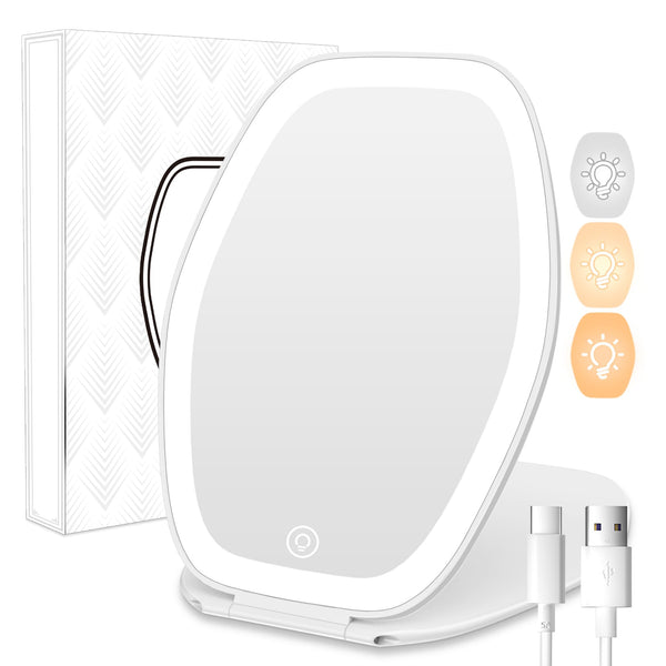 Travel Makeup Mirror with Light: 3 Color Lighting Portable Mirror with Touch Screen Rechargeable Adjustable LED Lights Vanity Hexagon Mirror for