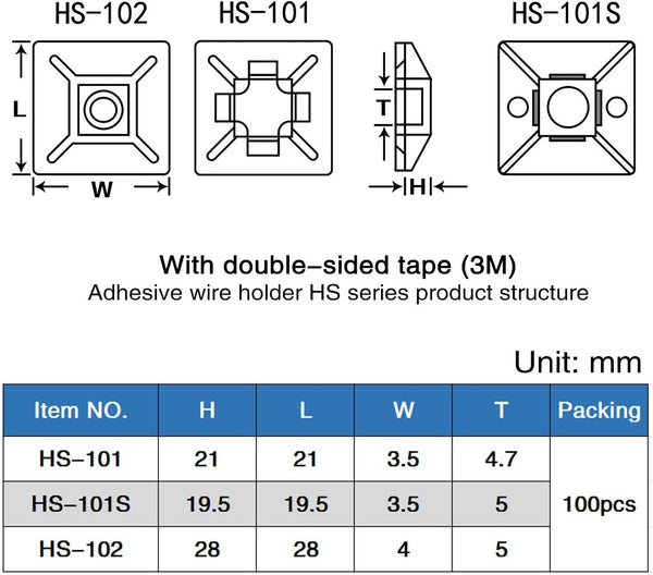 XHF 100 PCS 3/4" White Self Adhesive Cable Zip Tie Mounts Wire Cable Clips Holders Management Anchors Organizer Holders Squares(HS-101S)