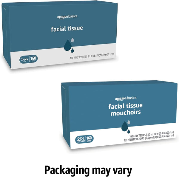 Amazon Basics Facial Tissue, 2-Ply, 160 Tissues per Box, 4 Boxes (640 total) (Previously Solimo) 160 Count (Pack of 4)