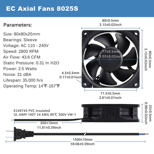 GDSTIME EC AXIAL 8025, Muffin Fan 110V 115V 120V 220V 240V AC 80Mm X 25Mm Small Brushless Cooling Fan with Switch Power Cord for DIY Ventilation