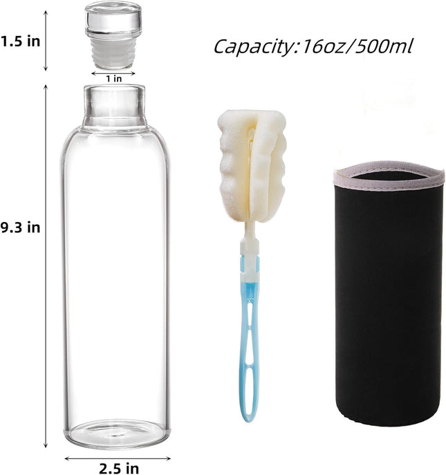 8 Pack Glass Water Bottles with Lids, 16 Oz Clear Glass Juice Bottles with Protective Sleeve Brush, Leak Proof Reusable 