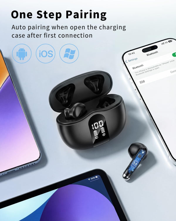 A40 Pro Wireless Earbuds, 50Hrs Playtime Bluetooth Earbuds Built in Noise Cancellation Mic with Charging Case, Headphones Stereo Sound, IPX7