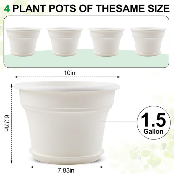 Pottiffe 10 Inch Plastic-Flower-Pot-for-Indoor-Plants, 4 Pack Large Outdoor Planter Pot with Drainage Holes & Saucers, Resin Decorative Garden