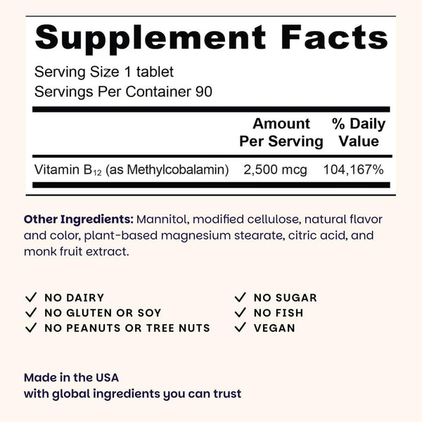 EZ Melts Dissolvable B12 Methylcobalamin 2,500 mcg - Vitamin B12 for Energy & Immune Support - Non-GMO, Vegan & Gluten-Free - Red Cherry - 90