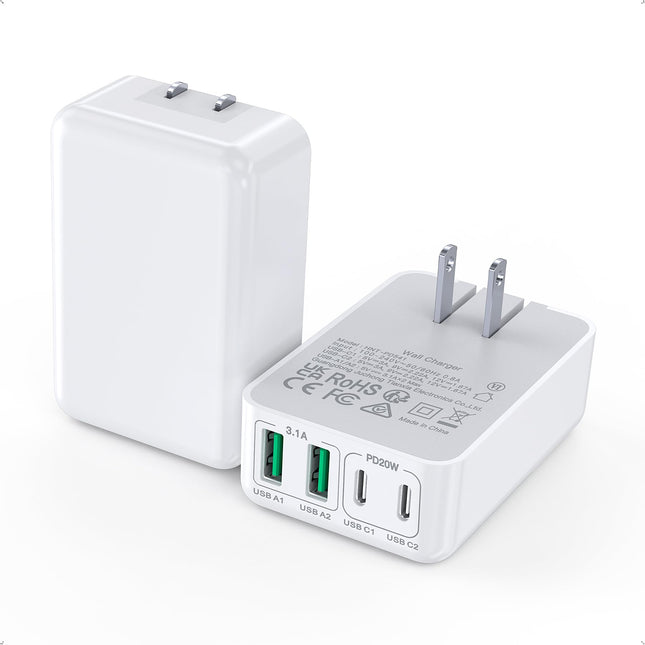 2Pack Flat USB C Wall Charger,40W 4Ports Foldable & Slim Fast Charging Block,Type C Cube Box Multiport Power Adapter Plu