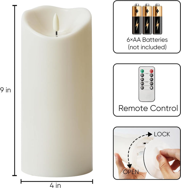 Homemory 4"x9" Outdoor Waterproof Flameless Candles with Timers and Remote Control, Battery Operated Candles, LED Plastic Candles, Ivory White,
