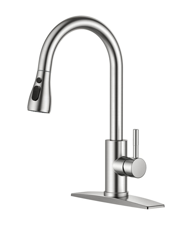 FORIOUS Kitchen Faucets with Pull Down Sprayer, Brushed Nickel, High Arc Single Handle Classic Stainless Steel Sink Faucet 1 or 3 Hole, Suitable