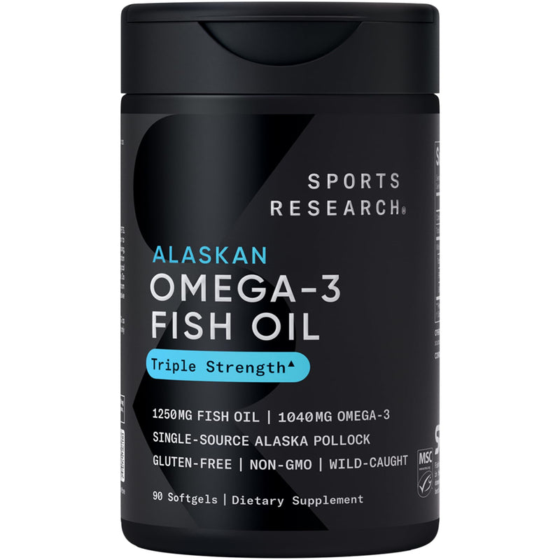 Sports Research® Omega-3 Fish Oil 1250mg from Wild Alaska Pollock, 90 Count | Always Fresh Never Fishy | 690mg EPA 260mg DHA per Softgel · Heart &