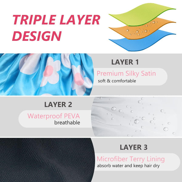 Aquior Shower Cap,Extra Large Triple Layer Bathing Cap with Dry Hair Function for Women Microfiber Terry Cloth Silky Satin 100% Waterproof
