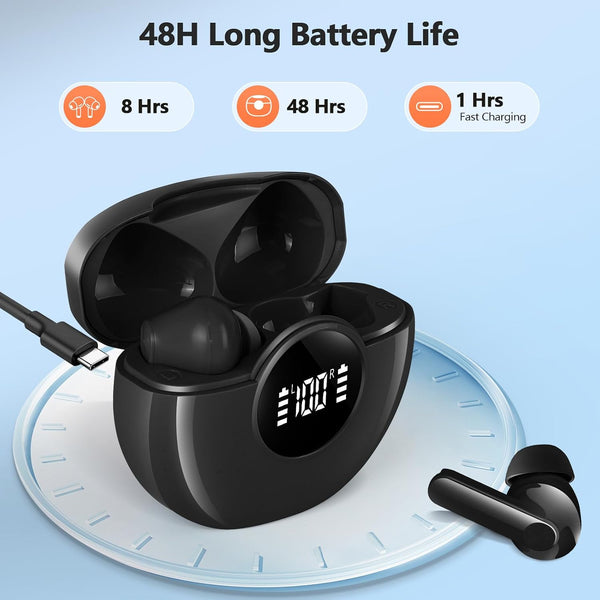 Wireless Earbuds 2025 NEW Bluetooth 5.4 Headphones Bass 3D Stereo, In-Ear Earphones with 4 ENC Noise Cancelling Mic, 48H Playtime with LED
