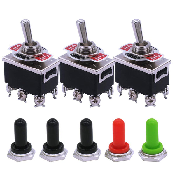 mxuteuk 3pcs Heavy Duty Rocker Toggle Switch 15A 250V DPDT ON/Off/ON 6 Pin 3 Position + 5pcs Metal Knob Cover Cap Waterproof Ten-1322-5MZ-B203