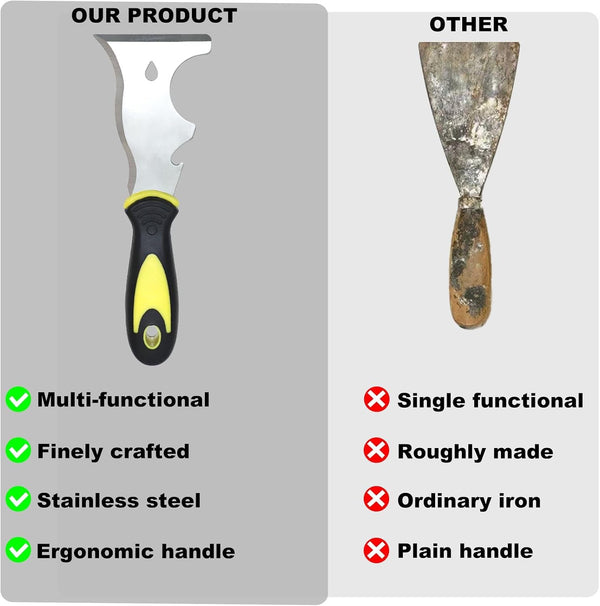 9-in-1 Painter's Tool, Straight Scraper, Gouger, Roller Cleaner, Curved Scraper, Bottle Opener, Can Opener, Nail Puller, Screwdriver, Hammer |