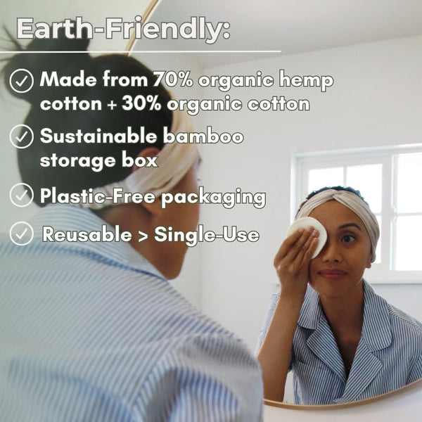 Reusable Hemp Cotton Rounds 15-Pack with Bamboo Storage Box – Ultra-Soft Organic Face Pads for Makeup Removal, Skincare Accessories, and